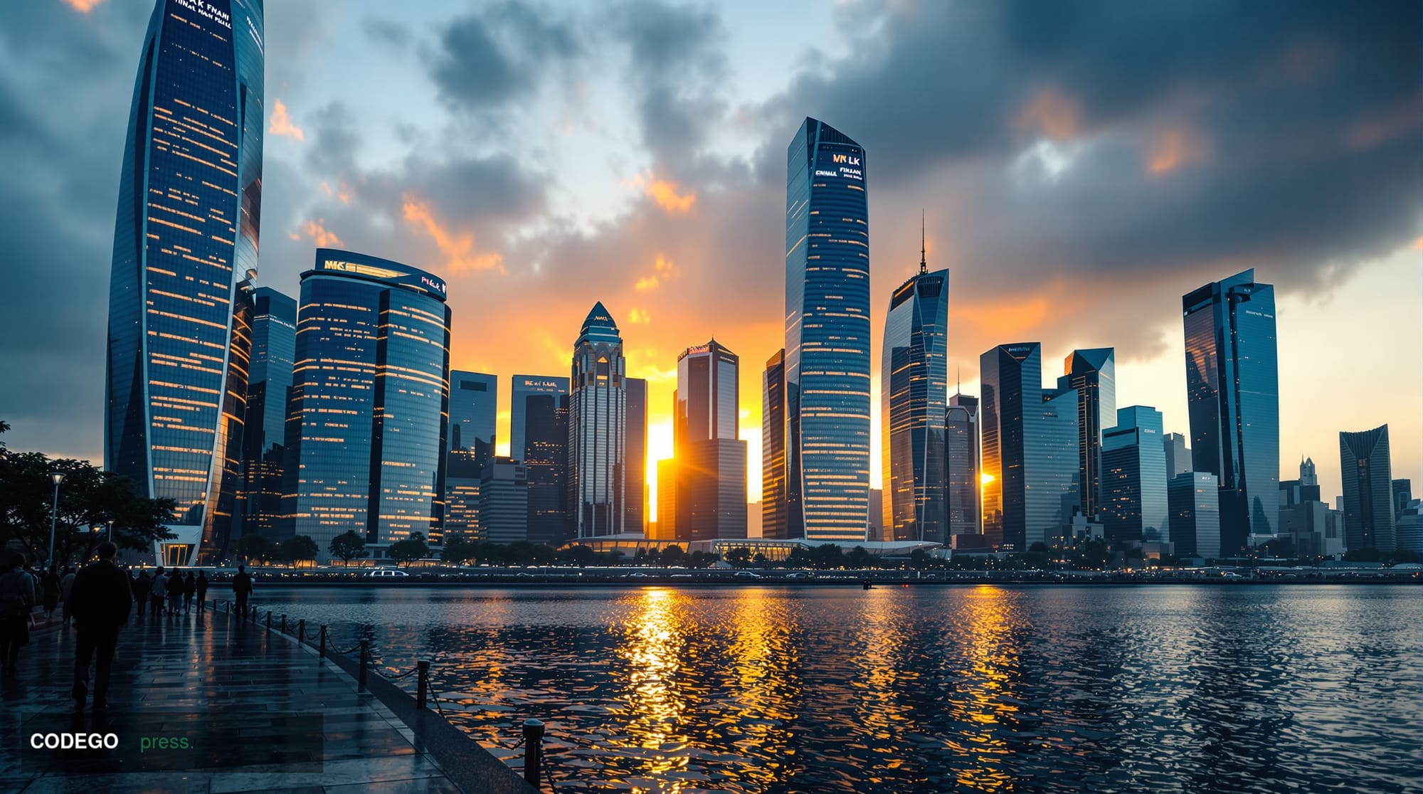 A dramatic wide-angle photorealistic editorial photograph of the City of London financial district at dawn, shot from the sou