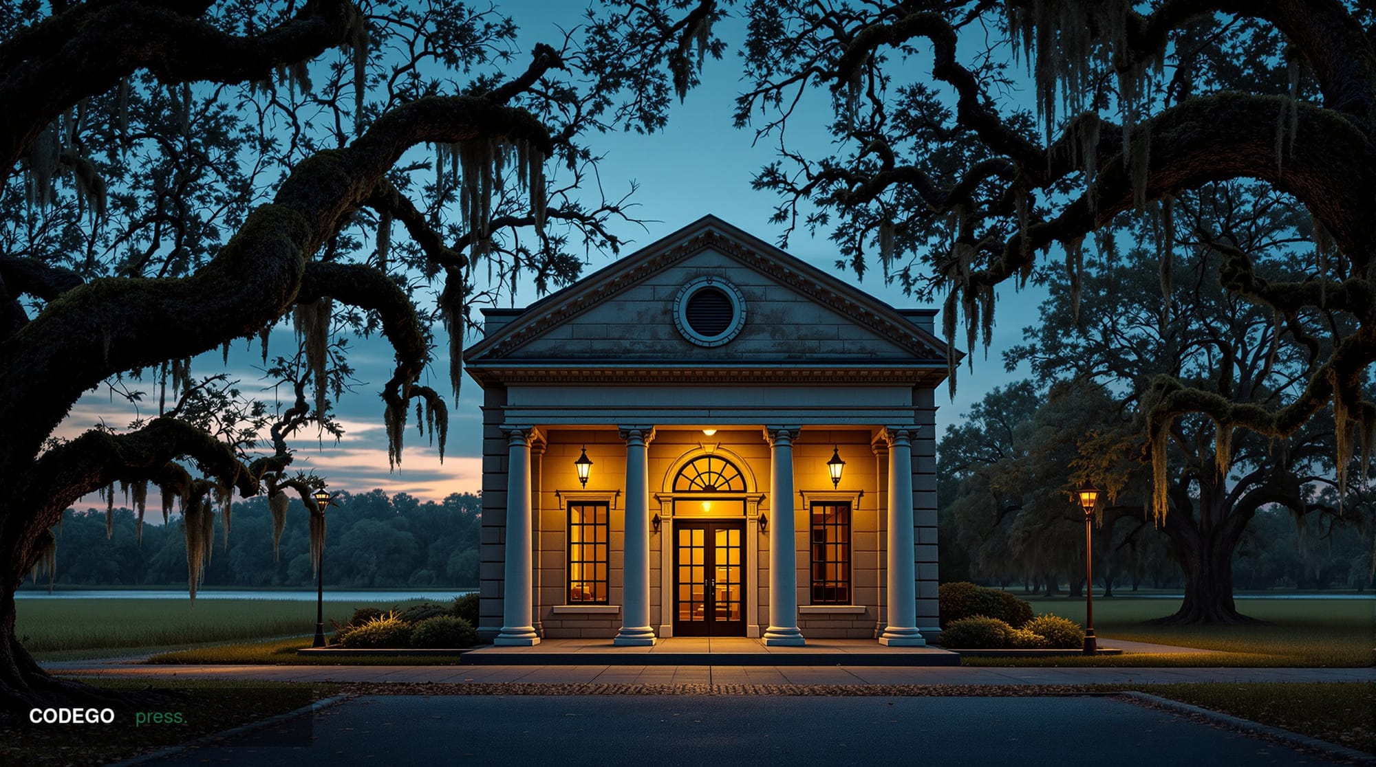 A cinematic editorial photograph of a classical American community bank building in rural Louisiana, shot from a low angle at