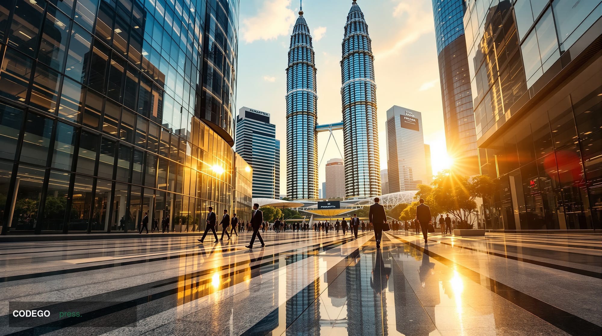 A cinematic editorial photograph of a gleaming modern financial district in Kuala Lumpur, with the iconic Petronas Twin Tower