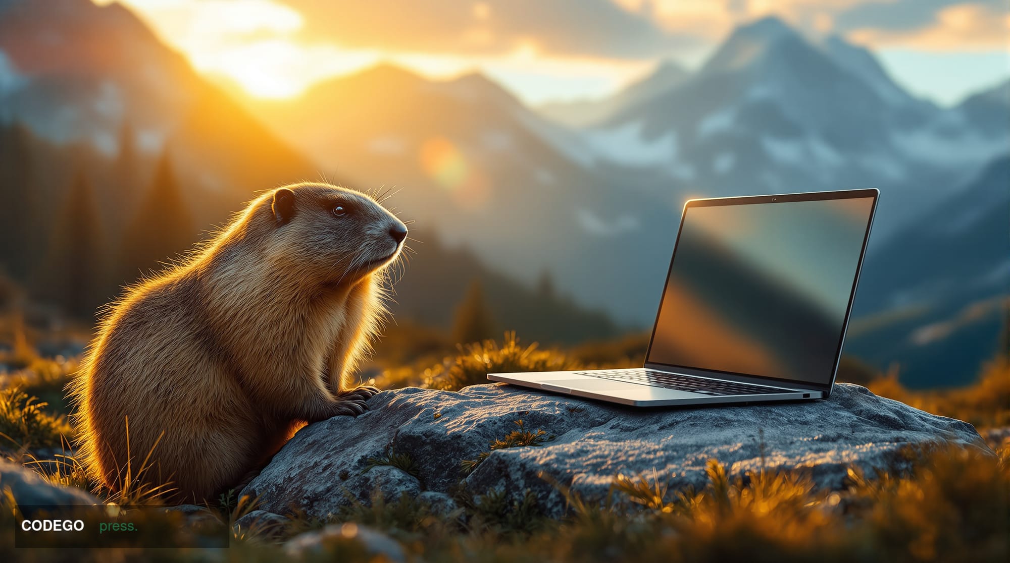 A cinematic editorial photograph shot at ground level in a mountain meadow at golden hour, with a large marmot in sharp focus