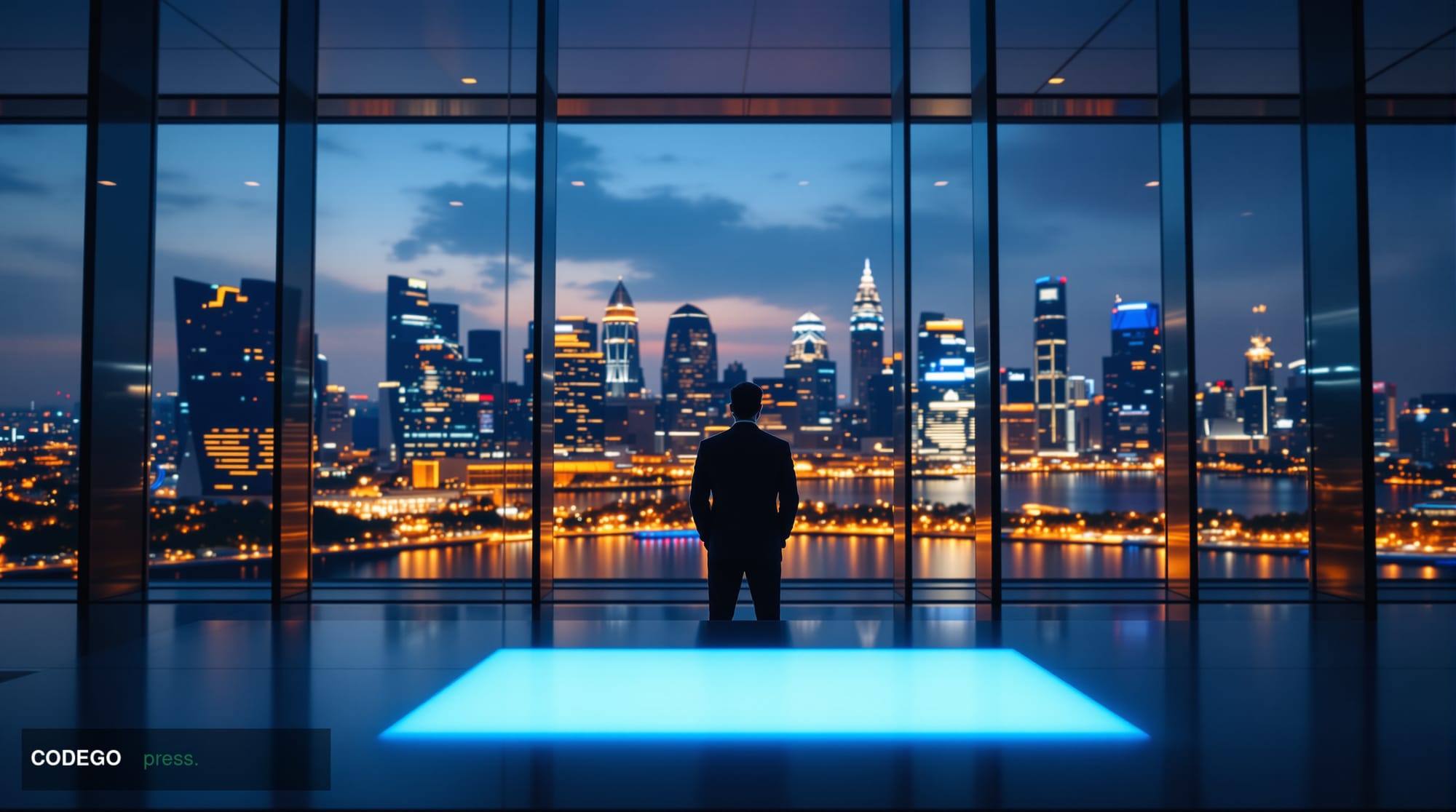 A dramatic cinematic editorial photograph set in Singapore's central financial district at dusk, with the city's iconic skyli