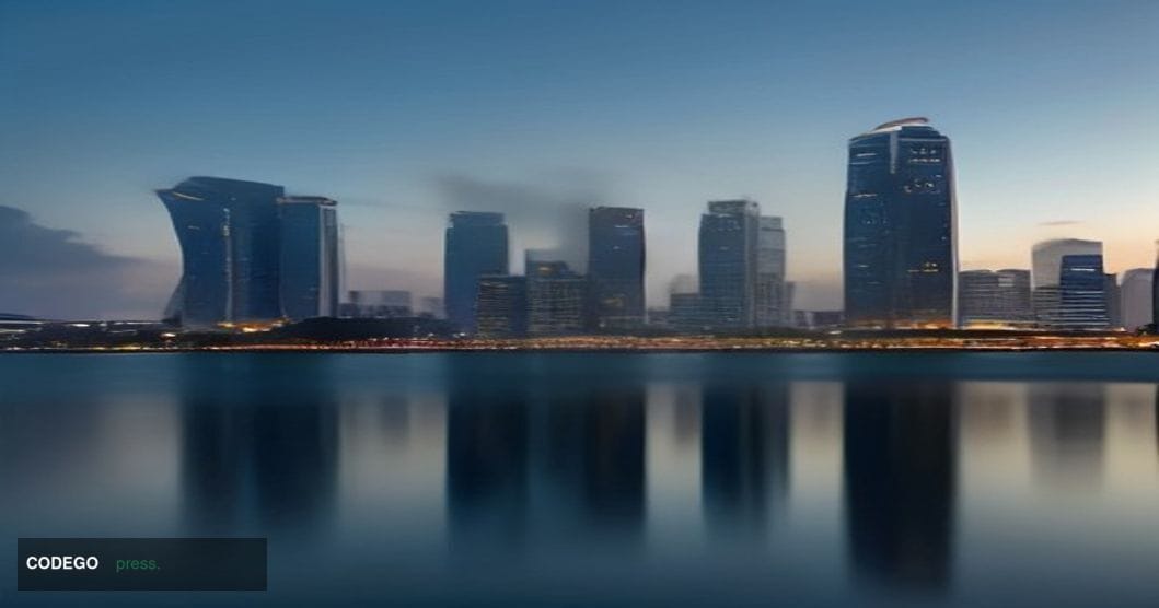 A dramatic cinematic wide-angle shot of Singapore's Marina Bay financial district skyline at blue hour, captured from water l