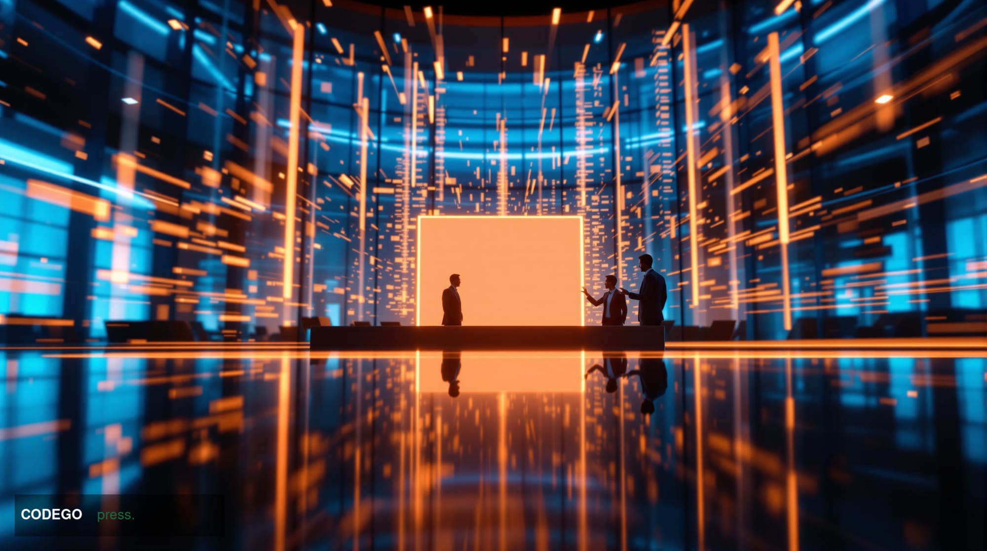 A cinematic editorial photograph set inside a sleek, modernist corporate treasury operations center, viewed from a low-angle 