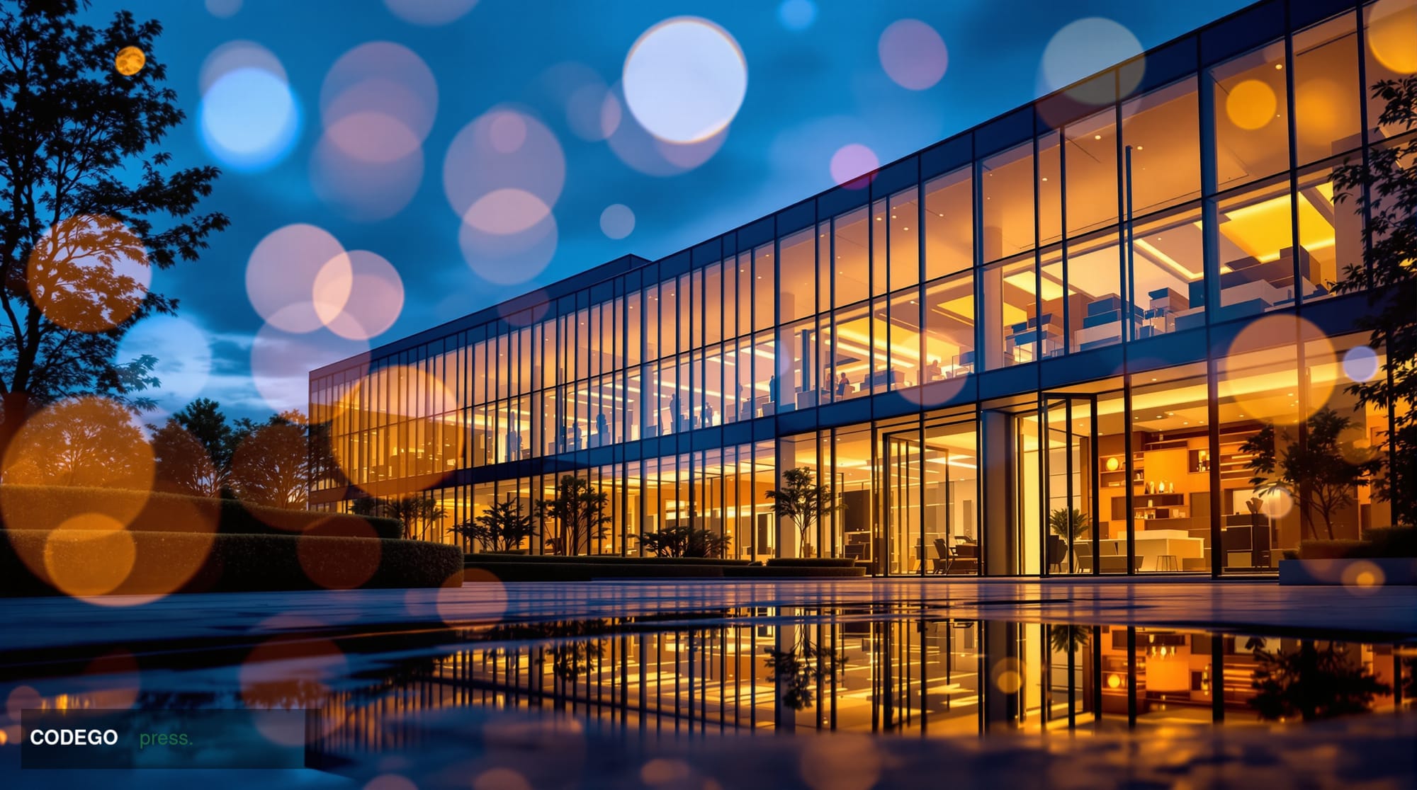 A dramatic exterior shot of Mastercard's corporate headquarters campus in Purchase, New York, photographed at dusk from a low