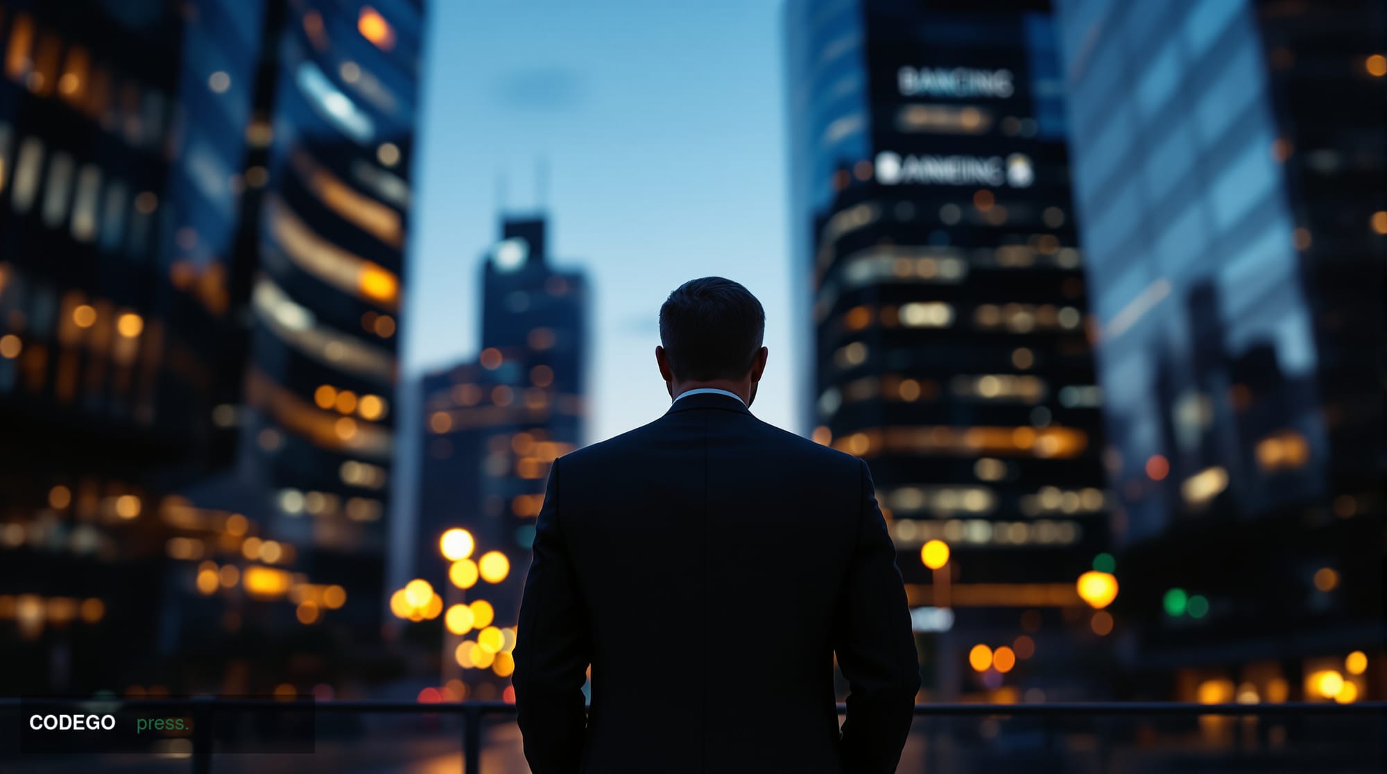 A cinematic editorial photograph set in a modern São Paulo financial district at dusk, with dramatic chiaroscuro lighting cas
