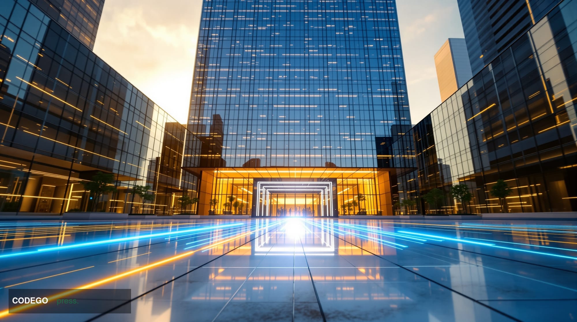 A cinematic editorial photograph shot at ground level looking upward at a monumental glass-and-steel corporate headquarters t