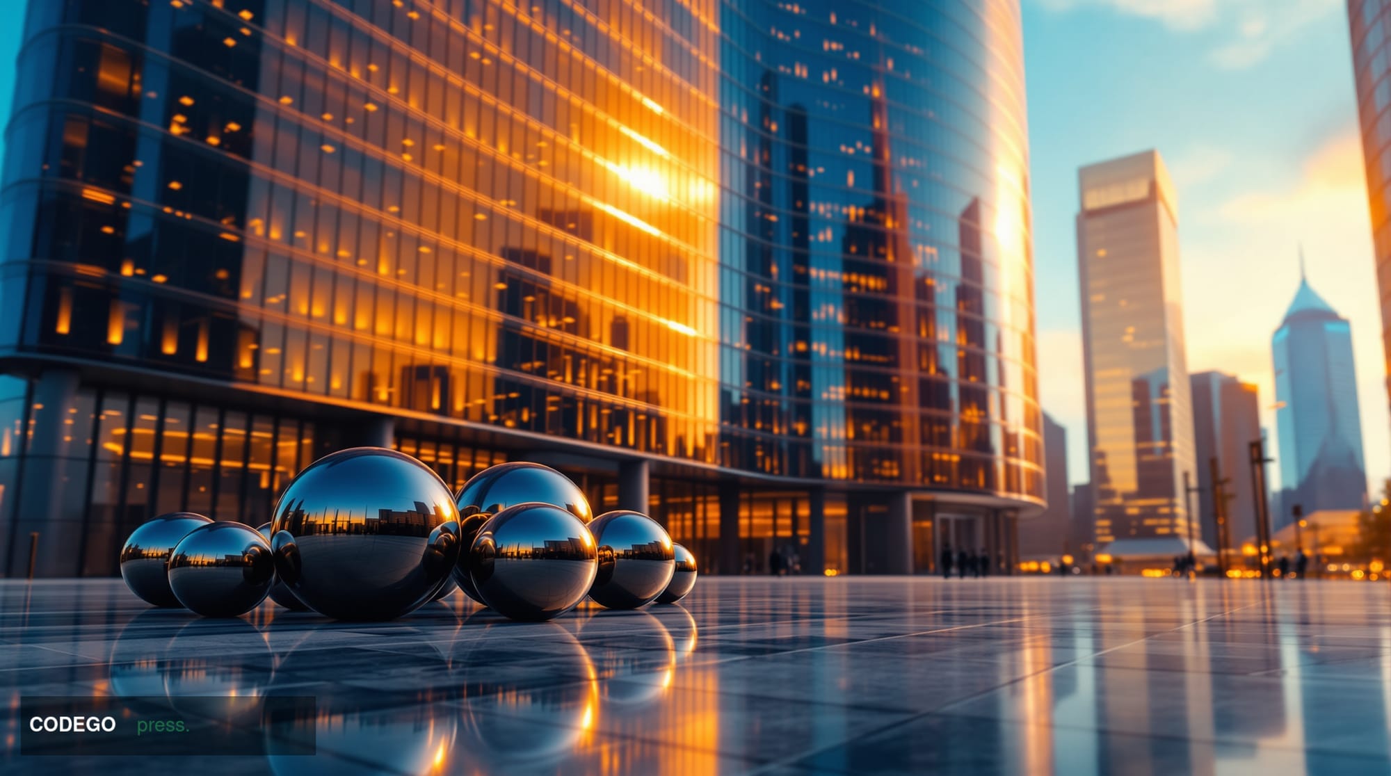 A cinematic editorial photograph shot at ground level looking up at a sleek, modernist global financial headquarters campus —