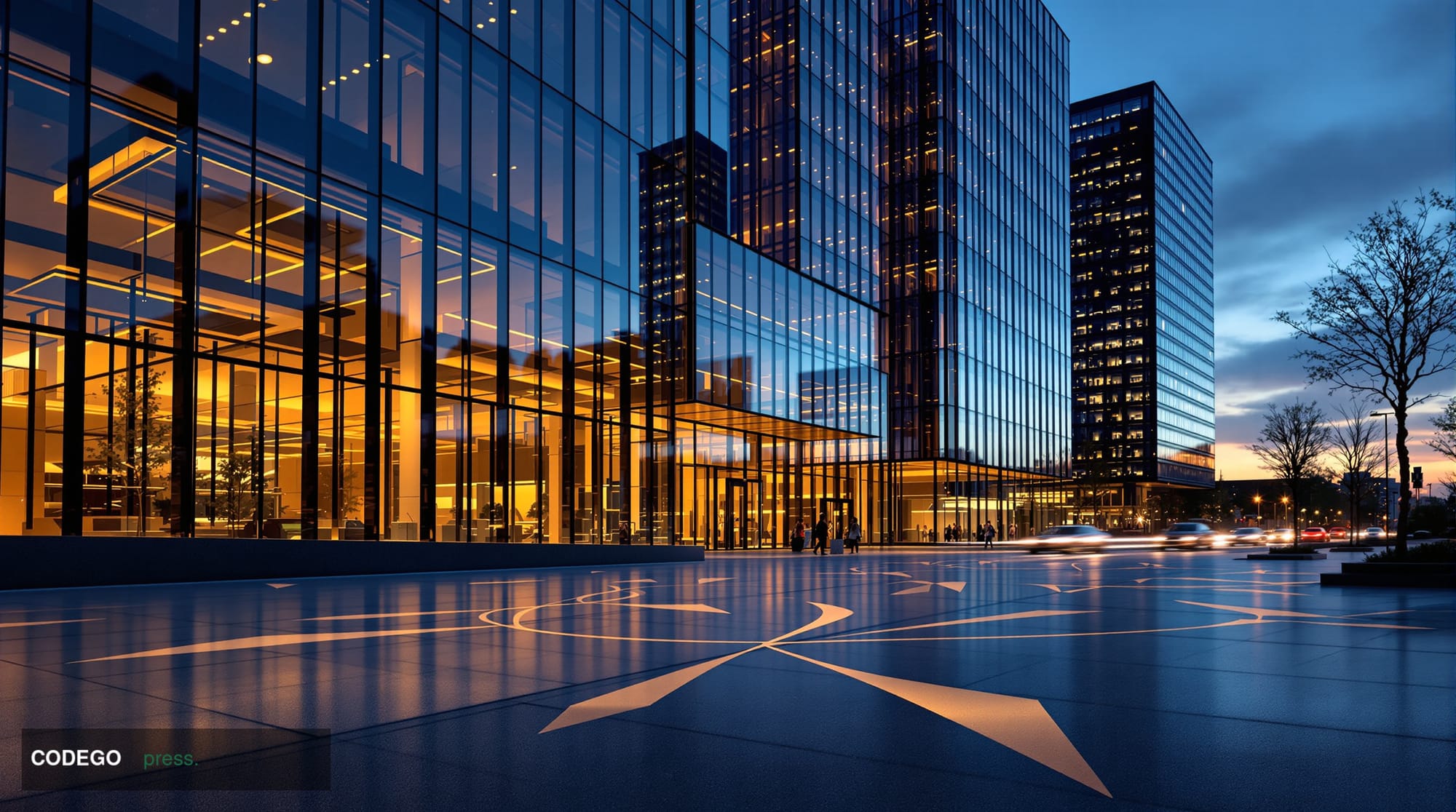 A cinematic editorial photograph depicting the exterior of a sleek, modern corporate financial campus at dusk, representing a