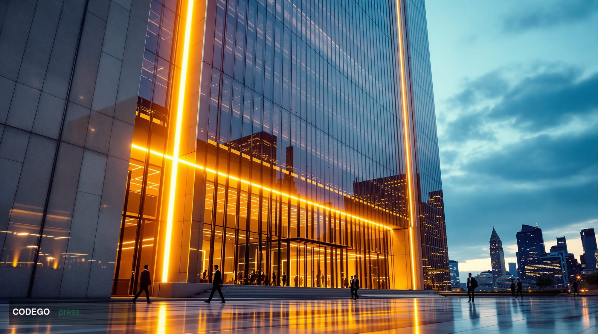A cinematic editorial photograph taken from a low angle looking up at a monumental corporate glass-and-steel headquarters bui