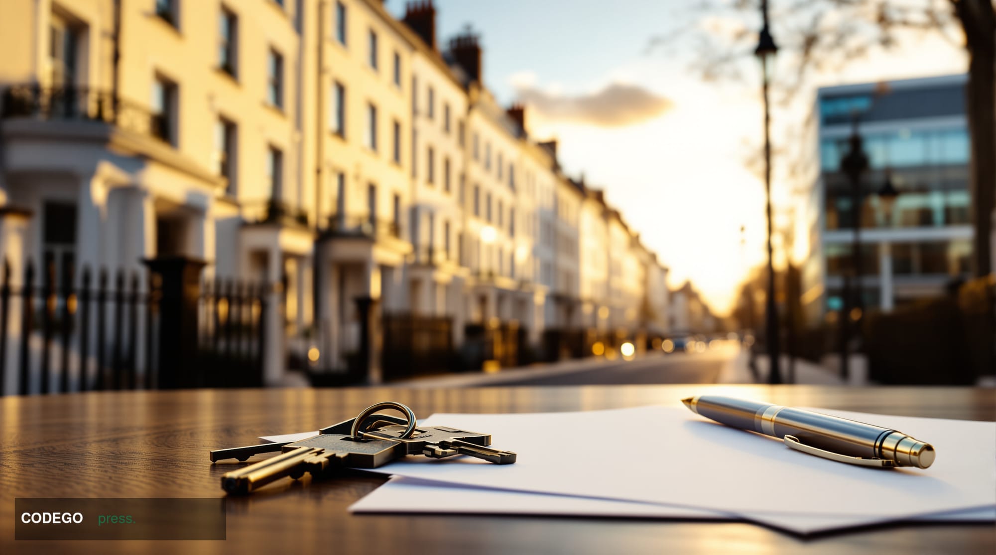 A cinematic editorial photograph set in a quintessential London residential street of Georgian terraced townhouses at golden 