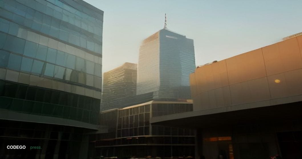 A cinematic editorial photograph set at Mastercard's Asia Pacific regional headquarters exterior, shot at golden hour with wa