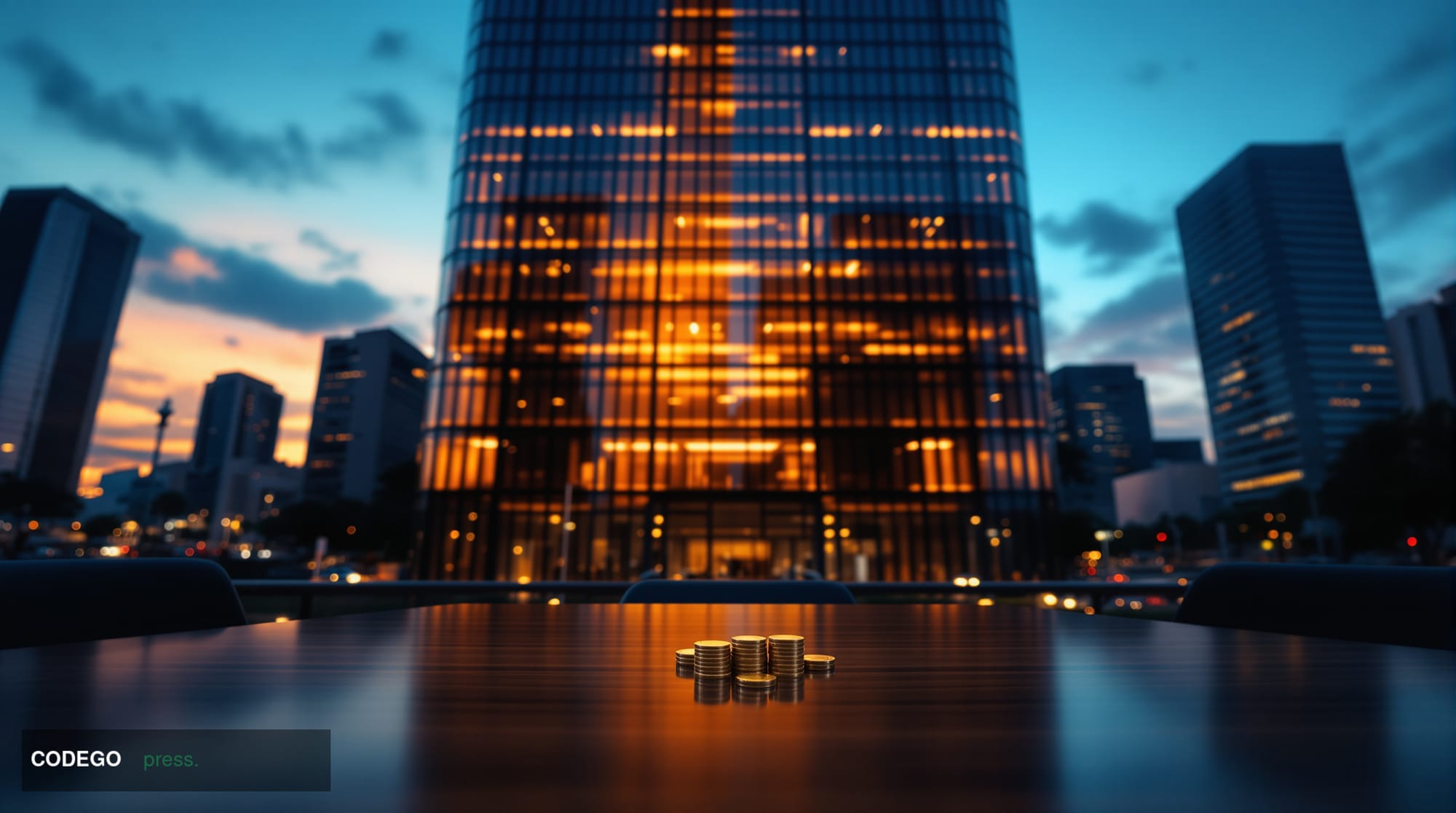 A cinematic editorial photograph shot from a low angle looking up at a sleek, modern glass-and-steel financial district tower