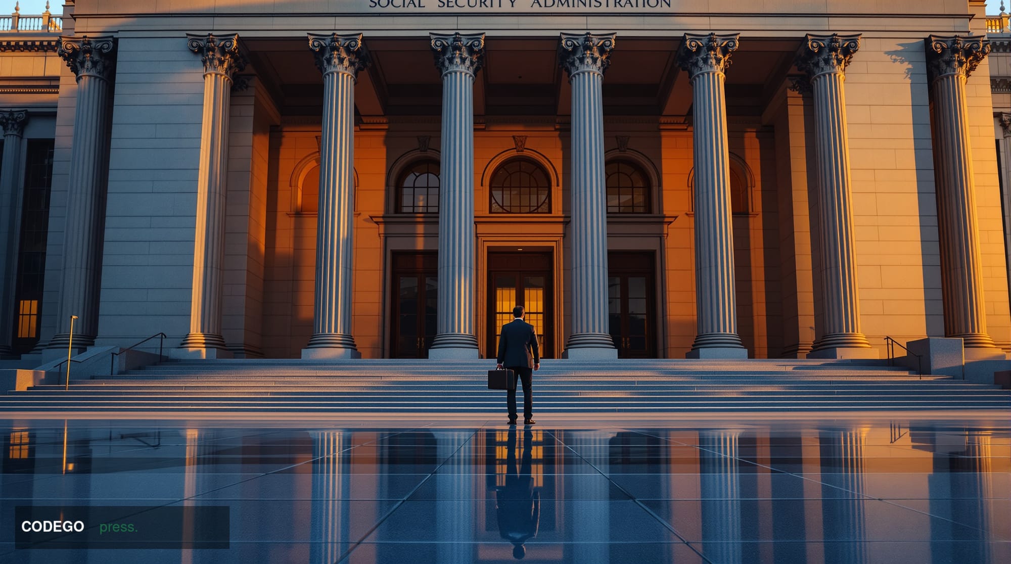 A dramatic wide-angle shot of the exterior of the Social Security Administration's federal headquarters building in Washingto