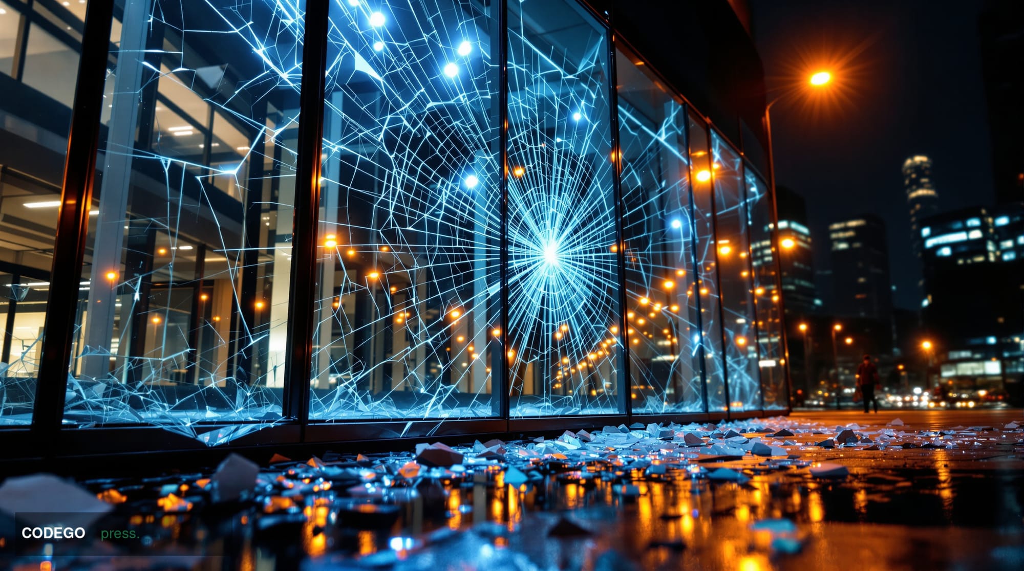 A dramatic cinematic editorial photograph shot from a low angle looking up at a fractured glass facade of a modernist financi