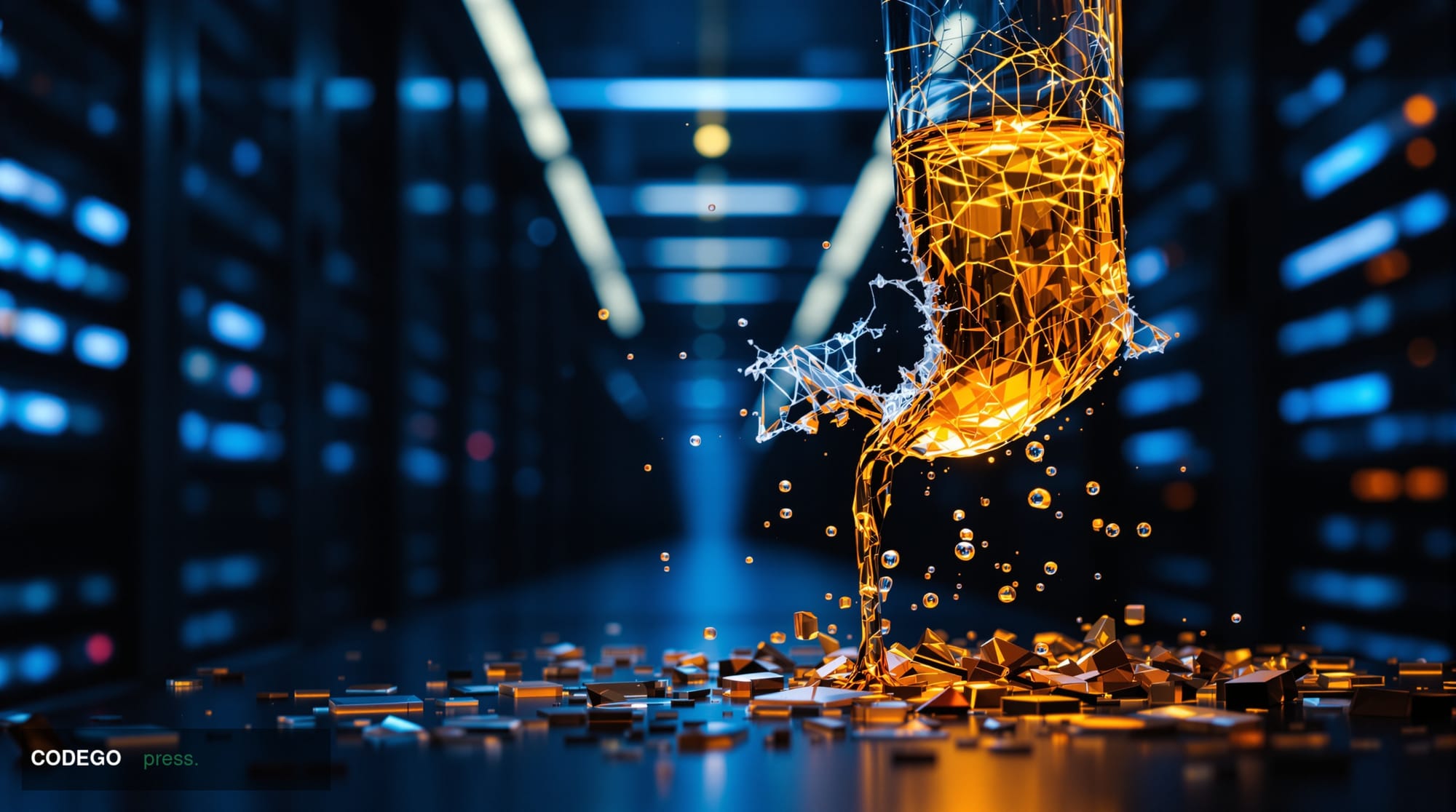 A dramatic cinematic editorial photograph depicting a fractured or shattered glass panel suspended in a dark server infrastru