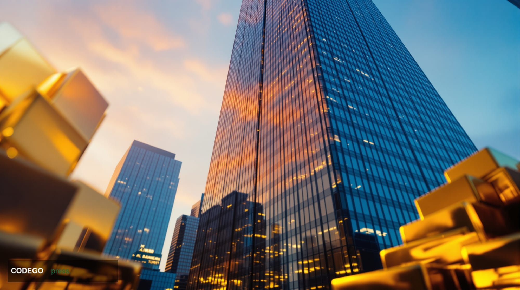 A photorealistic editorial photograph shot from a low angle looking up at the glass-and-steel façade of a modern Tokyo financ