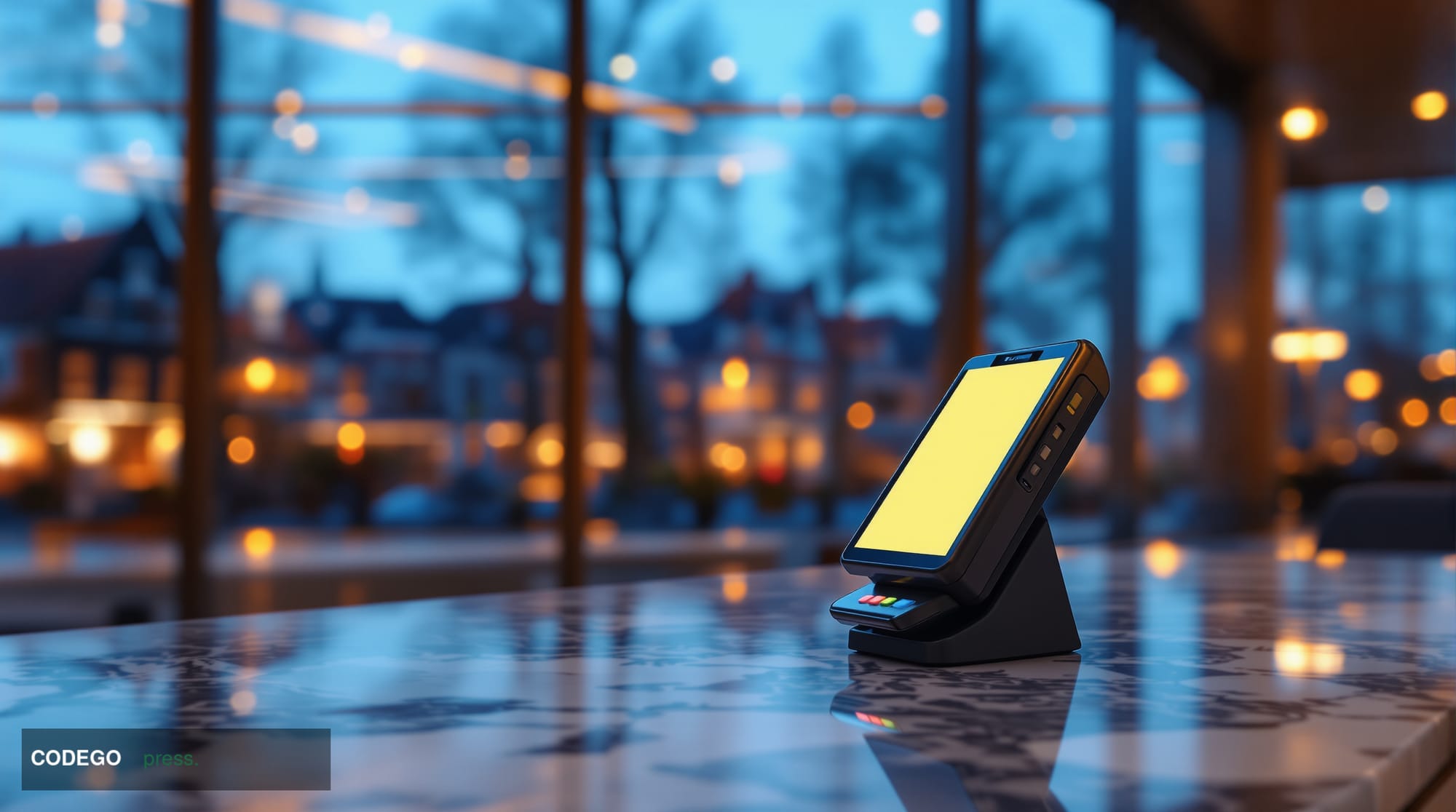 A sleek, modern hotel lobby interior photographed from a low wide-angle perspective, with warm amber reception desk lighting 