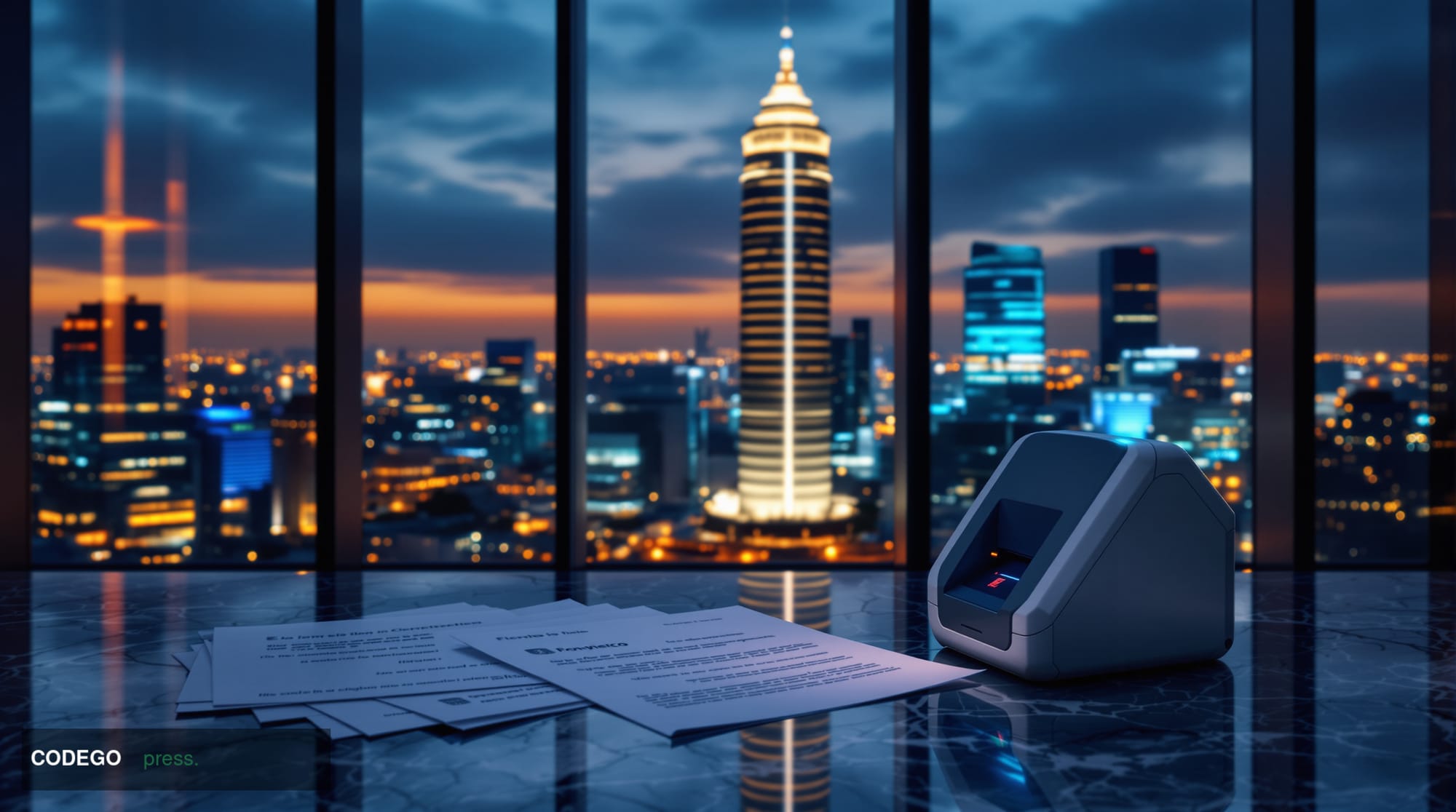 A cinematic editorial photograph set in Mexico City's financial district at dusk, with the iconic Torre Mayor skyscraper visi