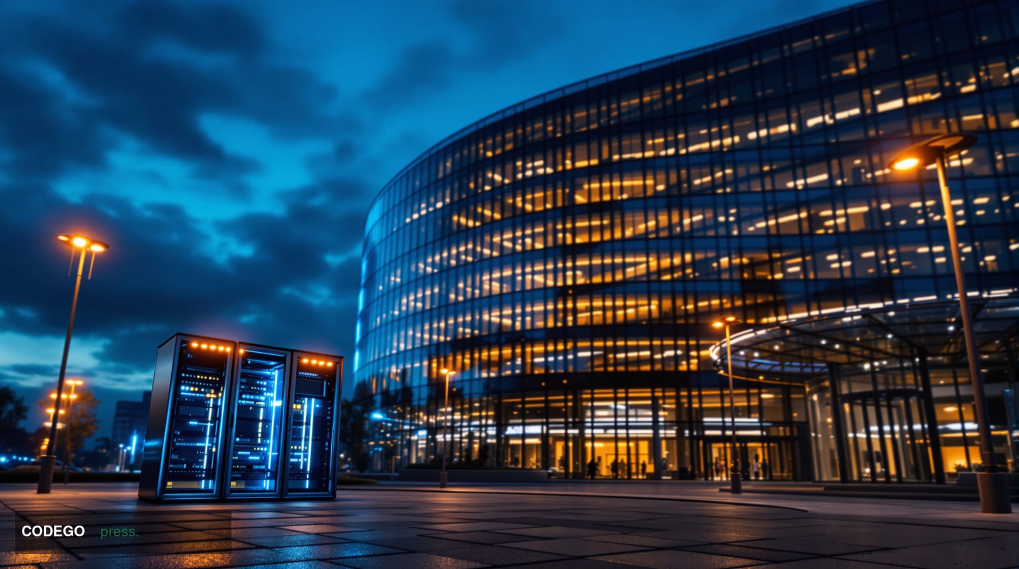 A dramatic wide-angle shot of the Berlaymont building in Brussels — the European Commission's curved glass headquarters — pho