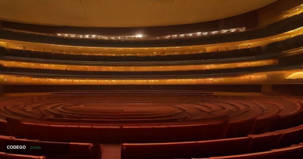 A dramatic wide-angle cinematic shot of the European Parliament's Strasbourg hemicycle chamber at dusk, shot from a low angle