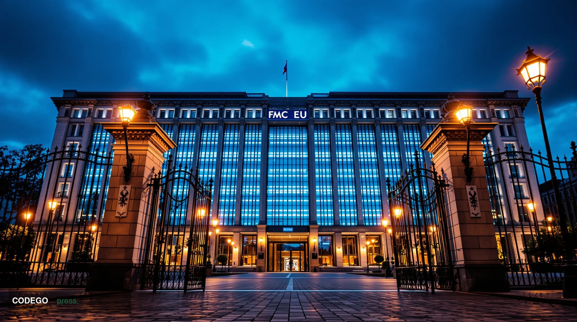 A dramatic wide-angle exterior shot of a monumental European Union institutional building in Brussels at dusk, its grand glas
