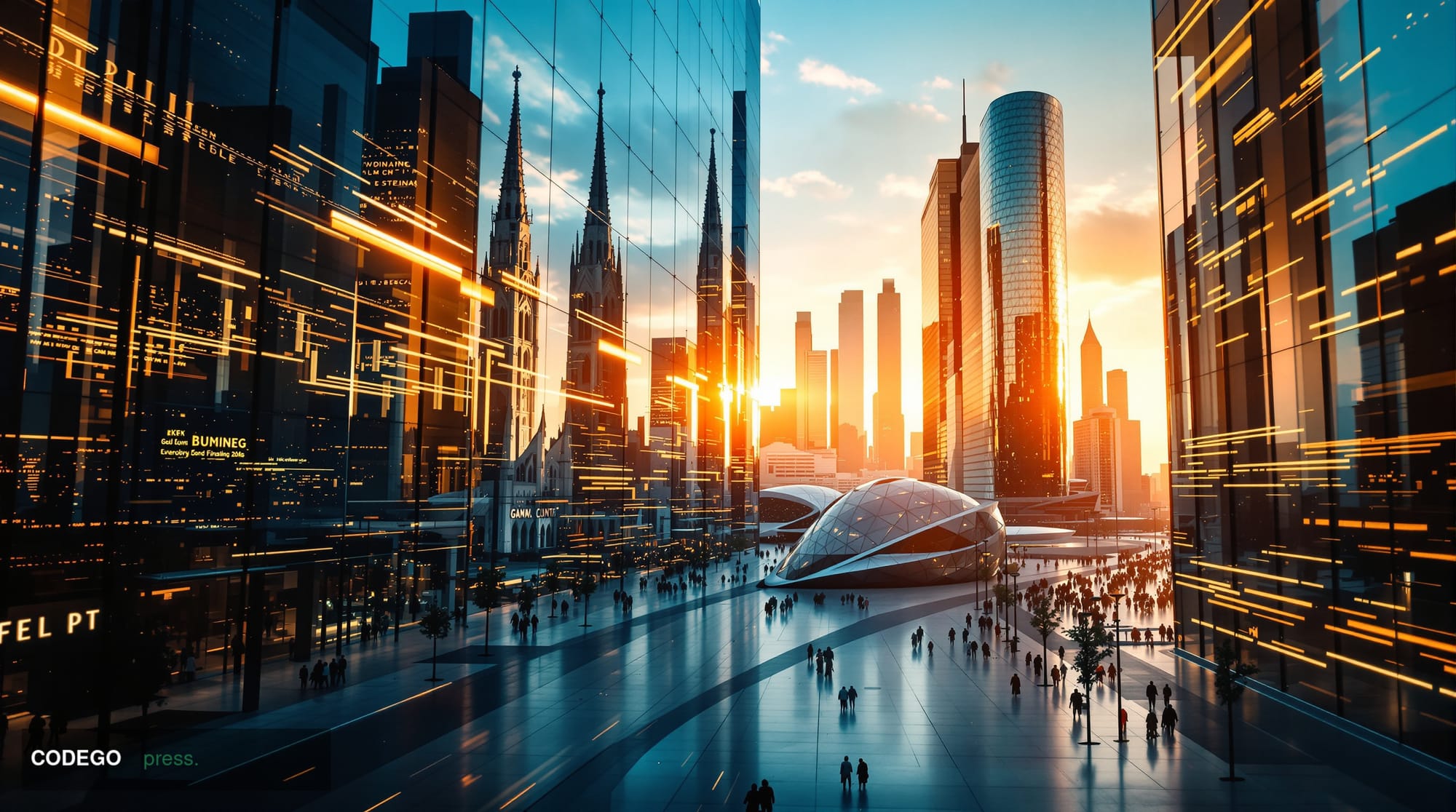 A cinematic editorial photograph depicting a dramatic split-world composition: in the foreground, a sleek contemporary Europe