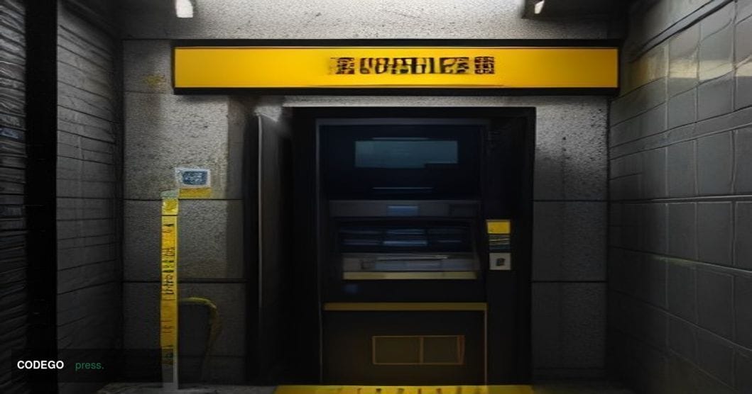 A cinematic editorial photograph of a decommissioned cryptocurrency ATM kiosk in a dimly lit convenience store in Minnesota, 