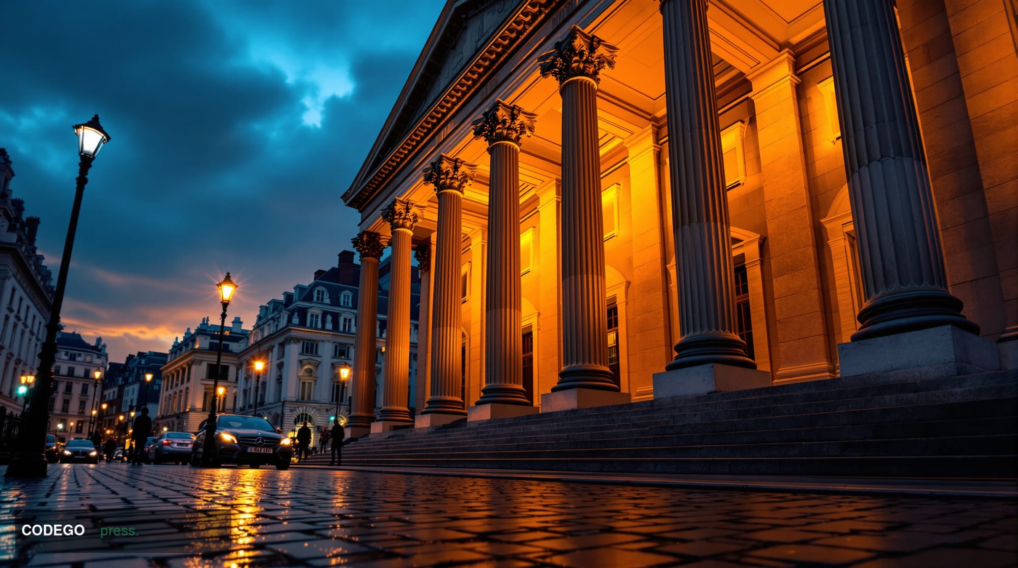 A cinematic editorial photograph of the iconic neoclassical facade of the Bank of England on Threadneedle Street in the City 