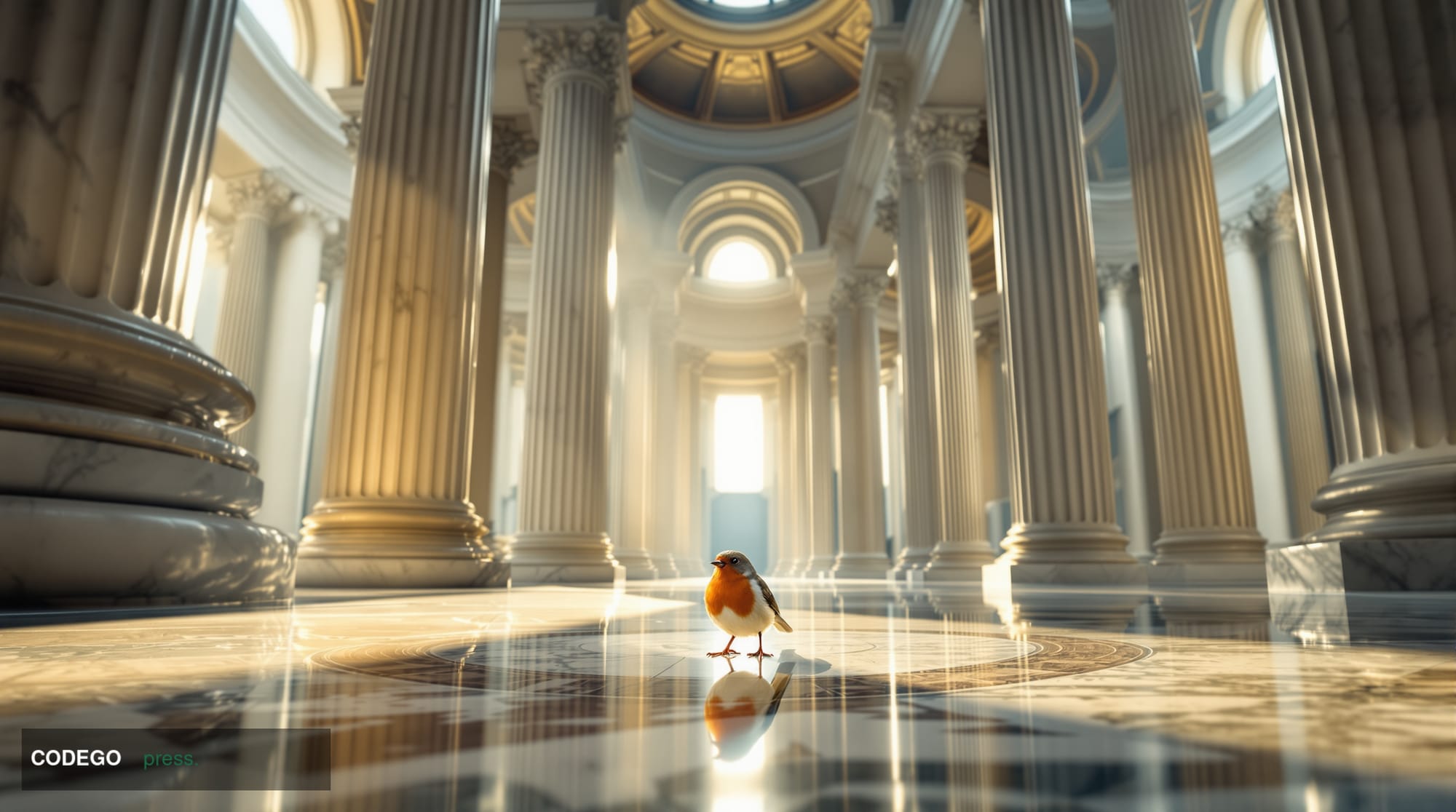 A cinematic editorial photograph shot from a low angle inside a grand neoclassical bank building — think marble columns, vaul