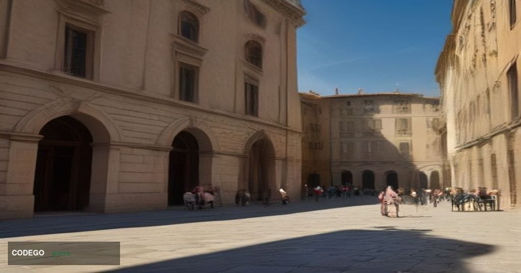 A cinematic editorial photograph of the historic Monte dei Paschi di Siena bank headquarters in Siena, Italy, bathed in drama
