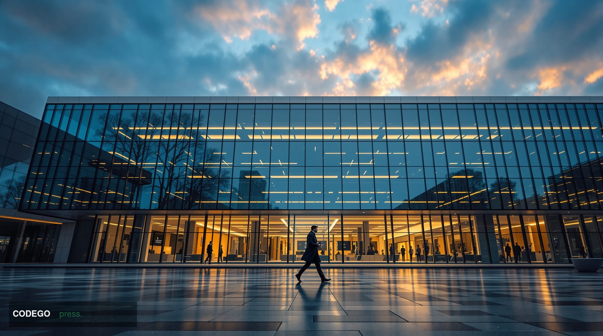 A dramatic low-angle exterior shot of a modern British glass-and-steel banking technology campus in London at dawn, bathed in