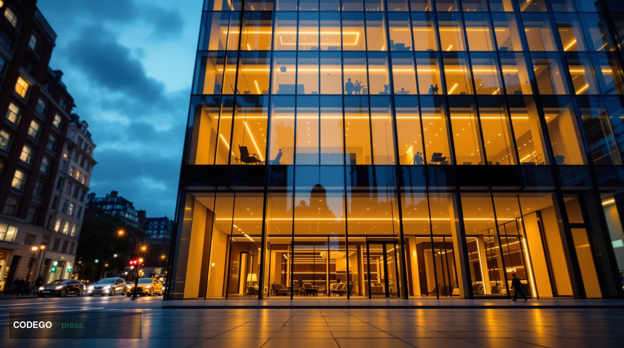 A cinematic editorial photograph of a sleek modern London financial district office building exterior at dusk, with floor-to-