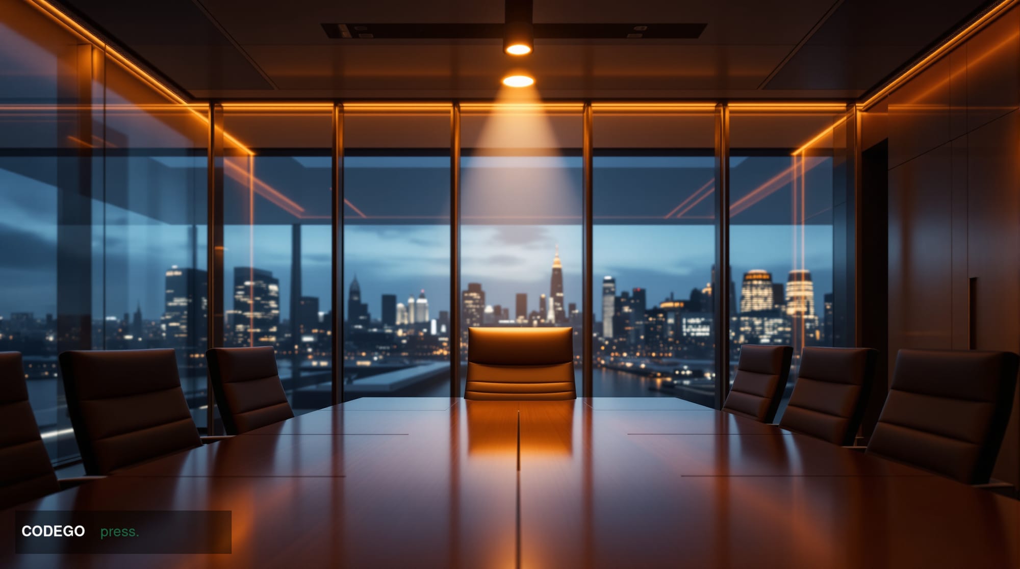 A dramatic cinematic editorial photograph of a sleek modern glass-and-steel financial district office building in London's Ca