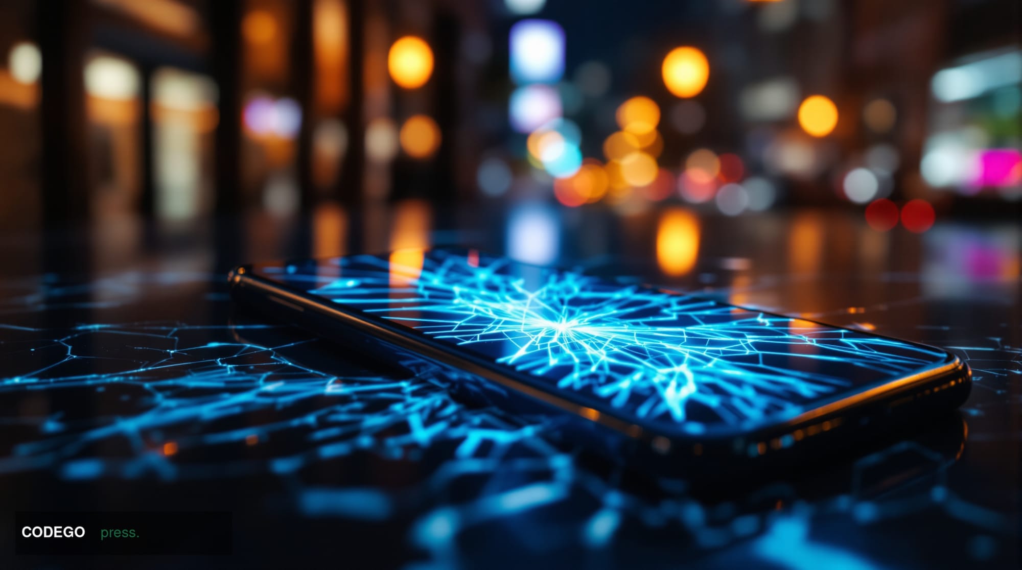 A dramatic cinematic editorial photograph of a cracked and fractured smartphone screen lying on a dark polished marble surfac