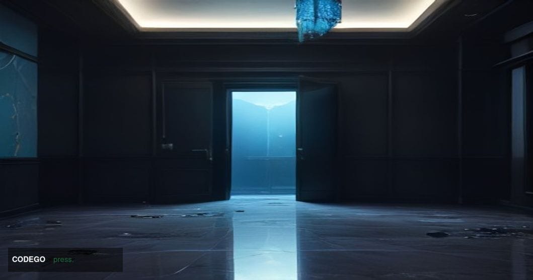 A dramatic cinematic editorial photograph depicting a high-security financial vault door, partially open with cold blue light