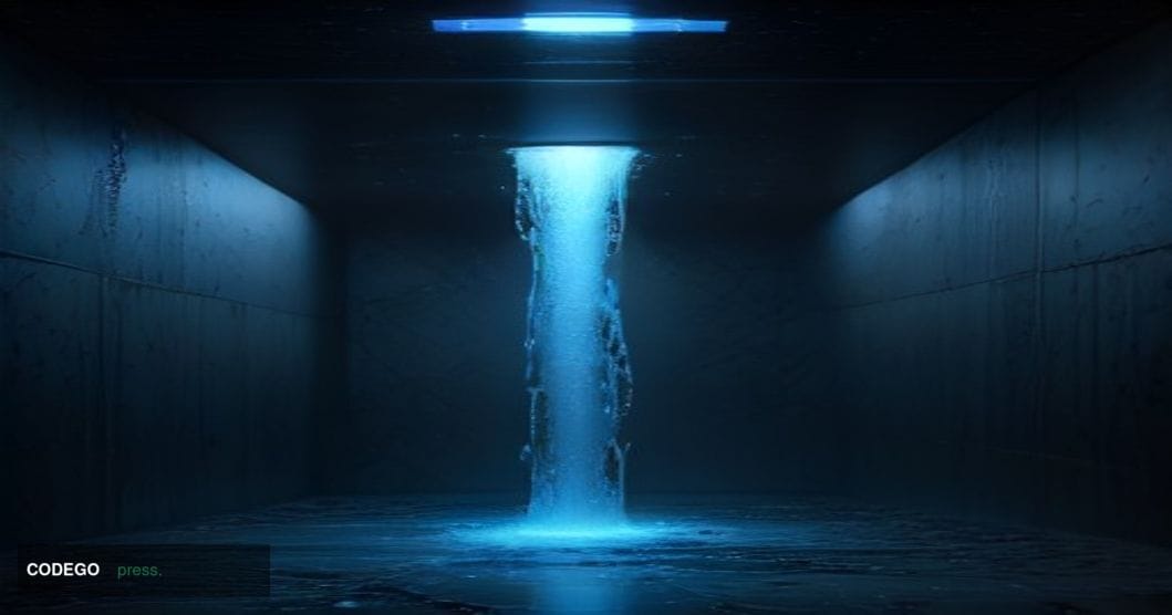 A dramatic cinematic editorial photograph of a darkened digital vault concept rendered as a physical glass-and-steel chamber,