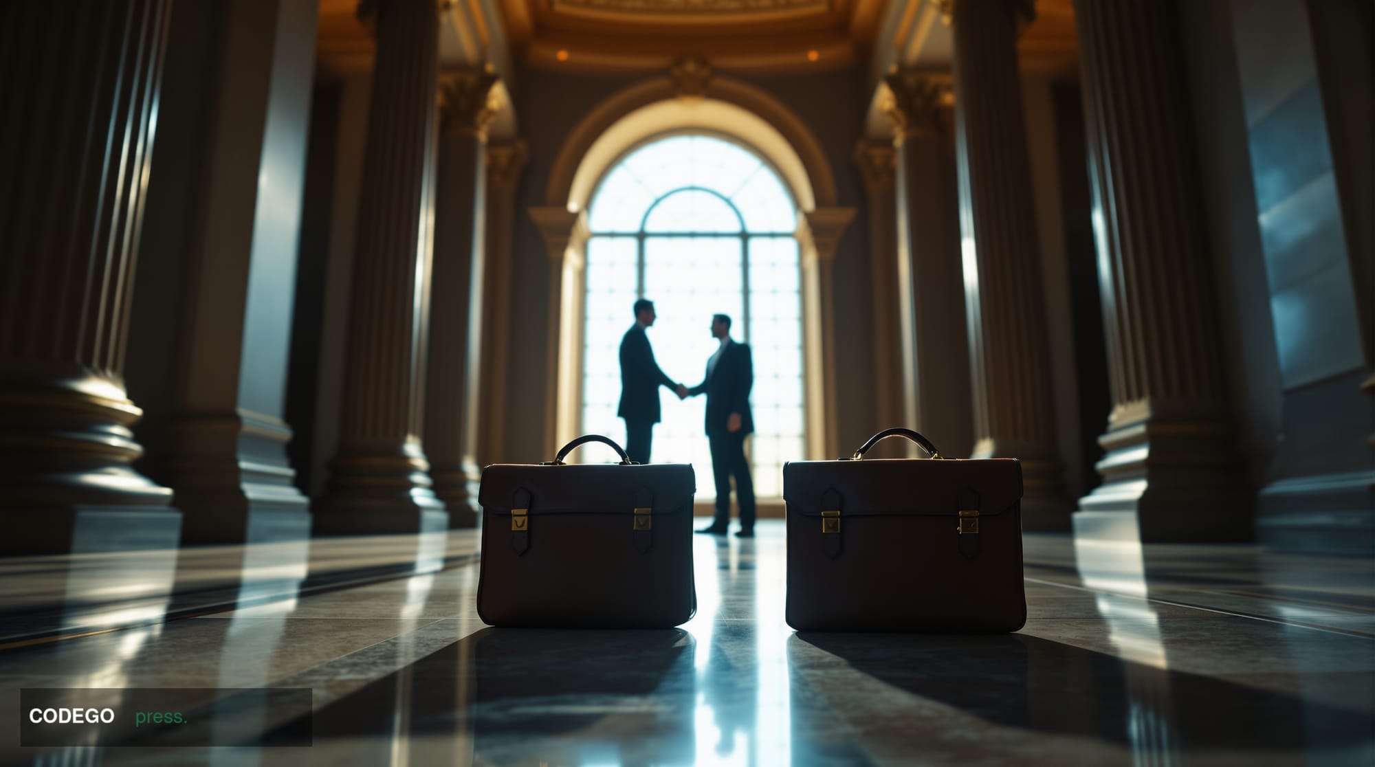 A photorealistic editorial photograph shot from a low-angle perspective inside a grand, marble-floored United States Senate c