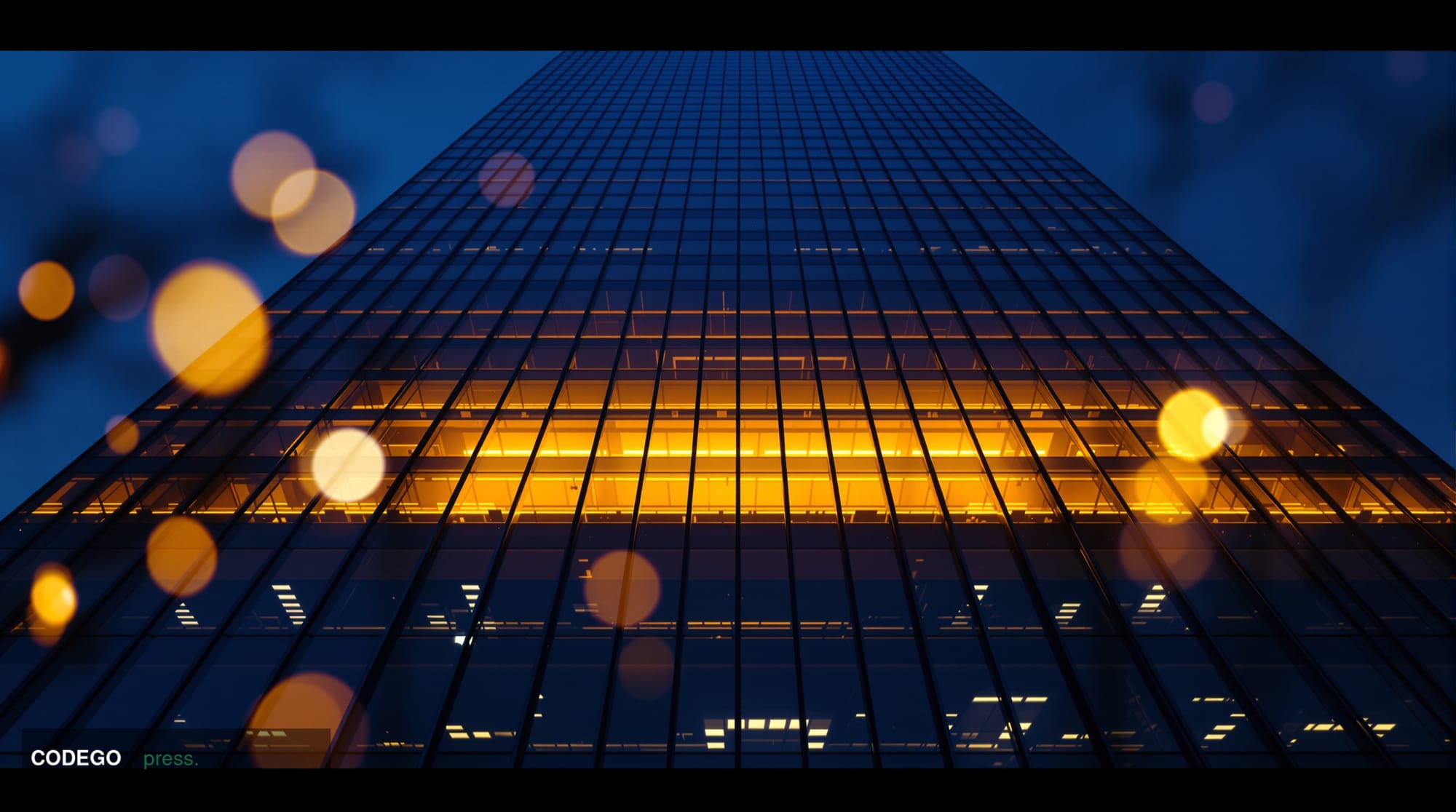 A cinematic editorial photograph of a modern glass-and-steel financial district tower at dusk, shot from a low angle looking 