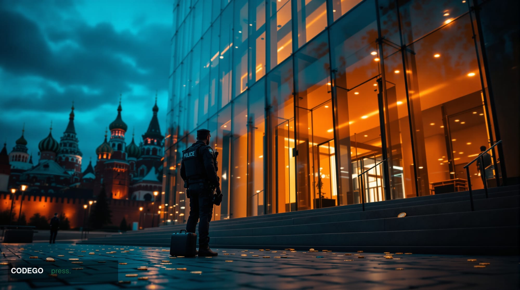 Cinematic editorial photograph taken at street level in central Moscow at dusk, featuring the recognizable Kremlin towers and
