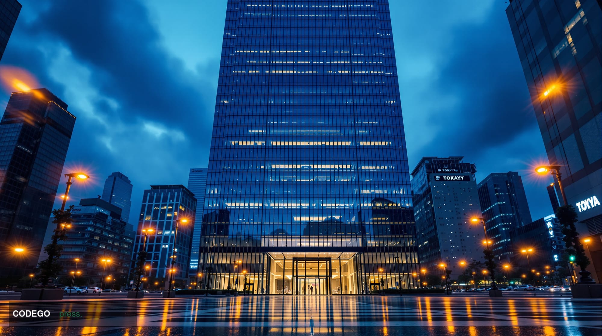 A cinematic editorial photograph set in the financial district of Tokyo, with a dramatic low-angle shot of a towering moderni