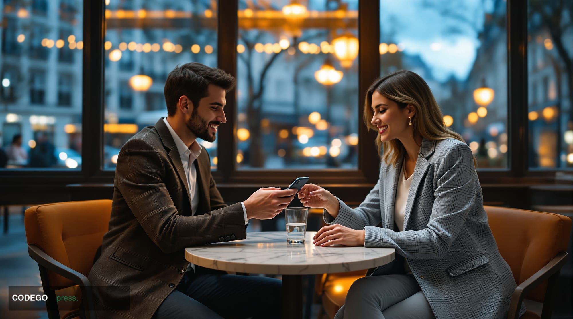 A cinematic editorial photograph set in a contemporary European café environment, likely Berlin or Paris, with warm amber int