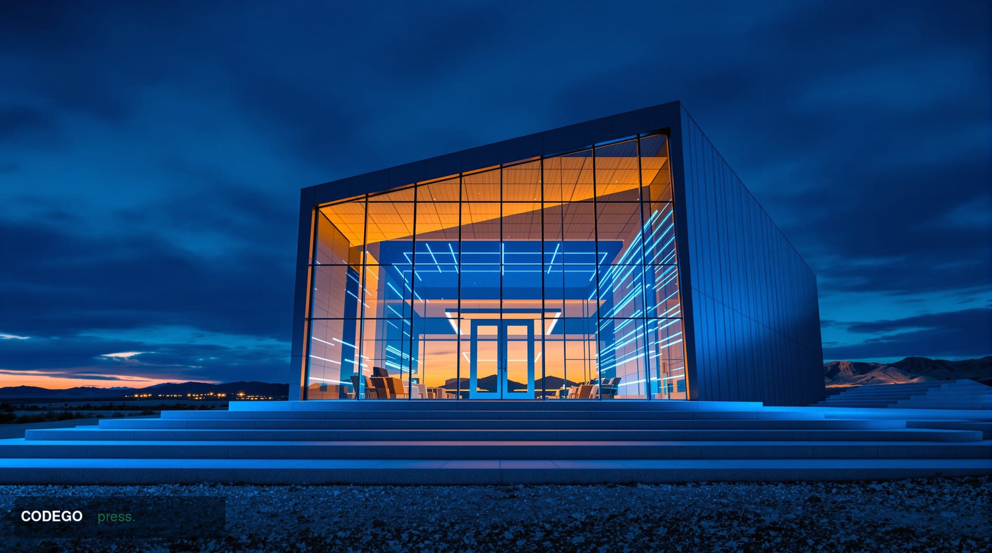 A cinematic editorial photograph set in Wyoming's high plains landscape at dusk, with a sleek modern glass-and-steel bank bui