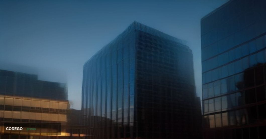 A dramatic cinematic editorial photograph shot from a low angle looking up at a modern glass-and-steel financial technology c
