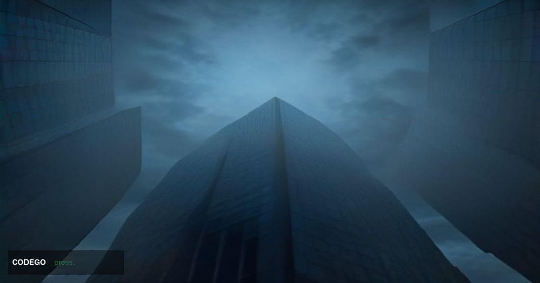 A cinematic editorial photograph shot from a low angle looking up at the glass-and-steel facade of a major financial district