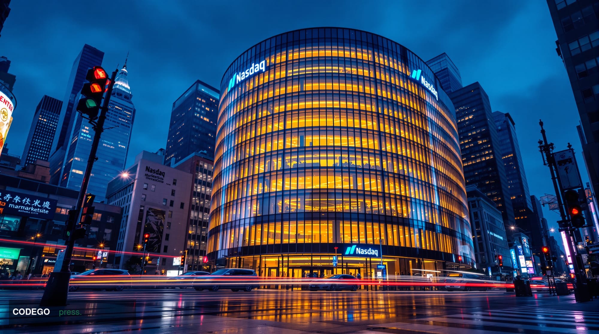 A dramatic wide-angle exterior shot of the Nasdaq MarketSite building in Times Square, New York City, captured at dusk with c