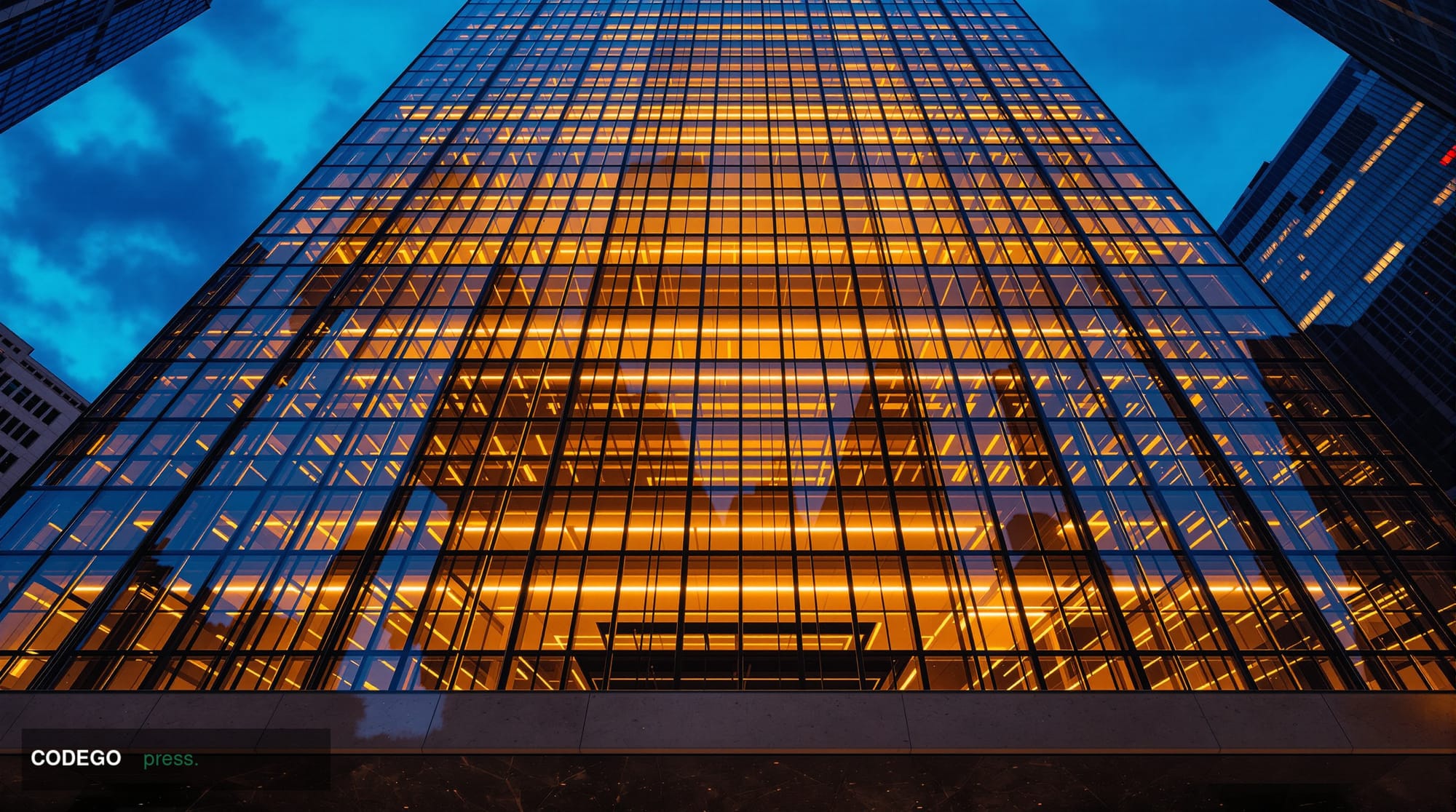 A cinematic photorealistic editorial photograph shot from a low-angle perspective looking up at the glass-and-steel facade of