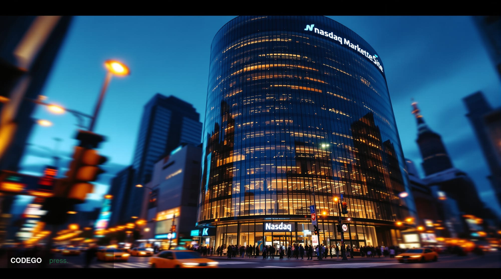 A sweeping wide-angle shot of the exterior of the Nasdaq MarketSite tower in Times Square, New York City, captured at dusk wi
