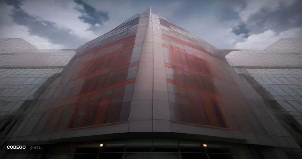 A photorealistic editorial photograph set at NatWest Group's prominent London headquarters exterior, with its distinctive red