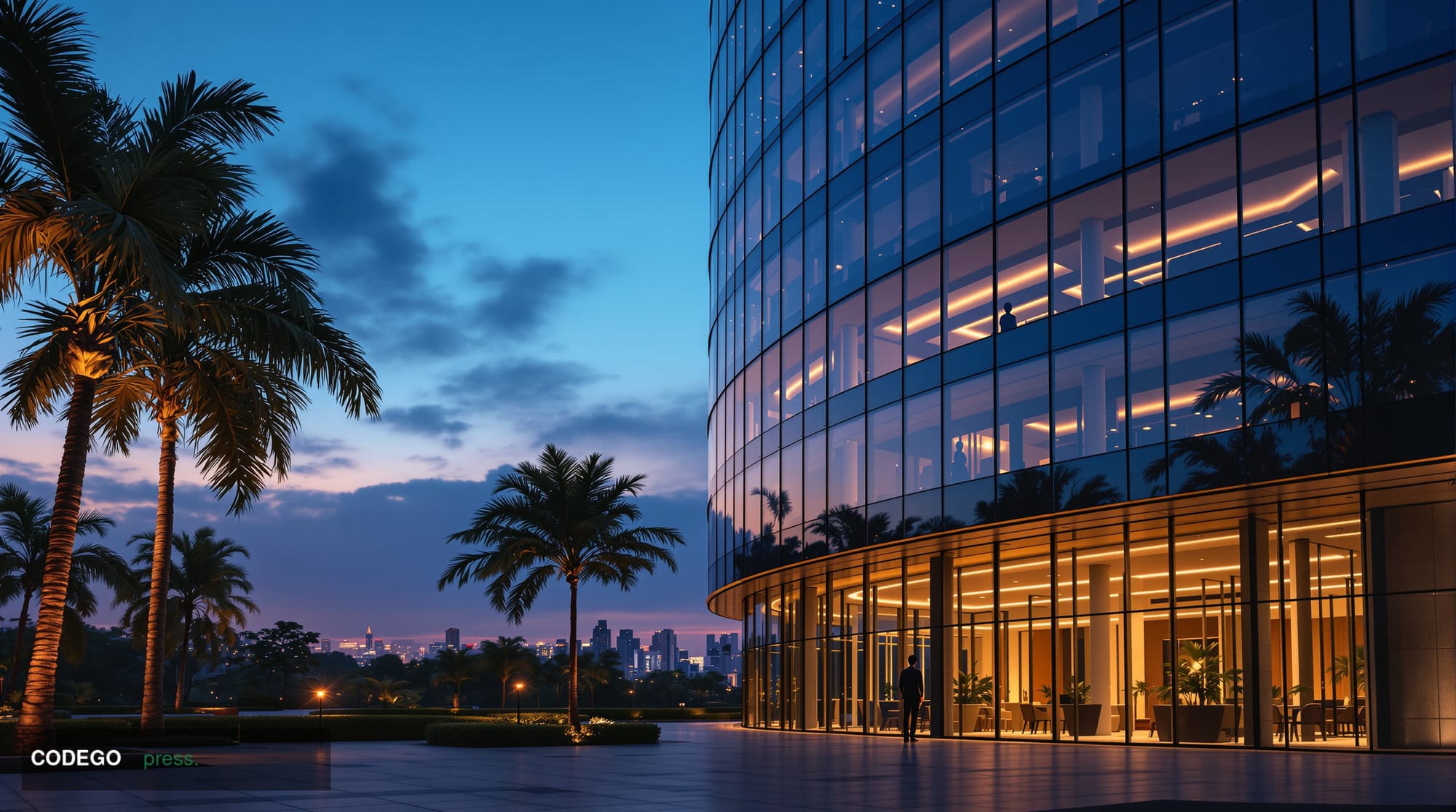 A photorealistic cinematic editorial photograph set in Bengaluru's modern technology district at dusk, with a sleek glass-and
