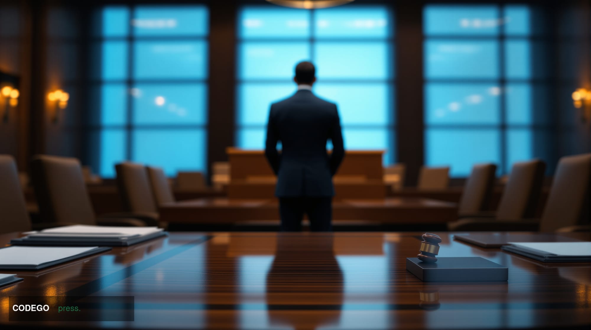 A cinematic editorial photograph set inside a formal U.S. federal regulatory hearing chamber, rendered in photorealistic 8K q